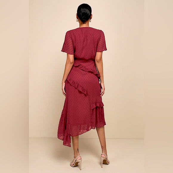 🍇 LULUs Next to You Plum Swiss Dot Ruffled Midi Dress. Size XL. Good Condition! - Picture 2 of 8